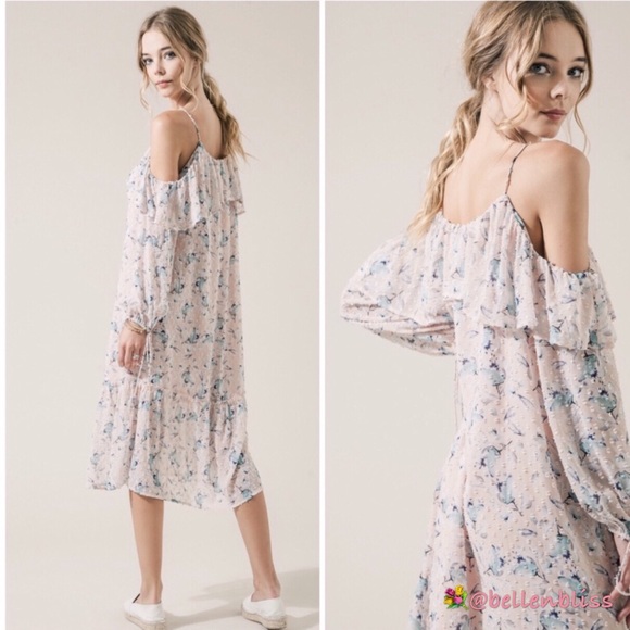 Moon River Dresses & Skirts - Floral Midi Dress Swiss Dot/Cold Shoulder Design,M